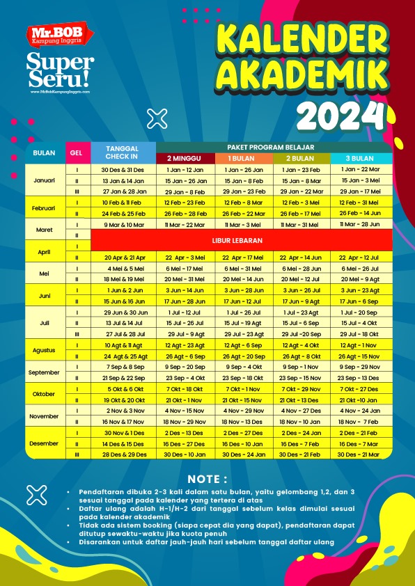 Kalender Akademik Mr BOB Kampung Inggris Tahun 2024