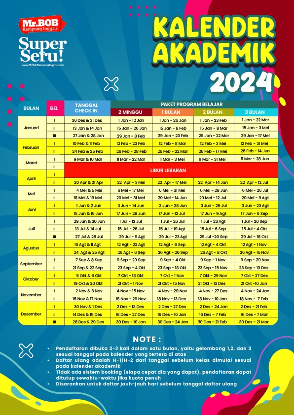 Kalender Akademik 2024/2025 Mr.BOB Kampung Inggris Pare